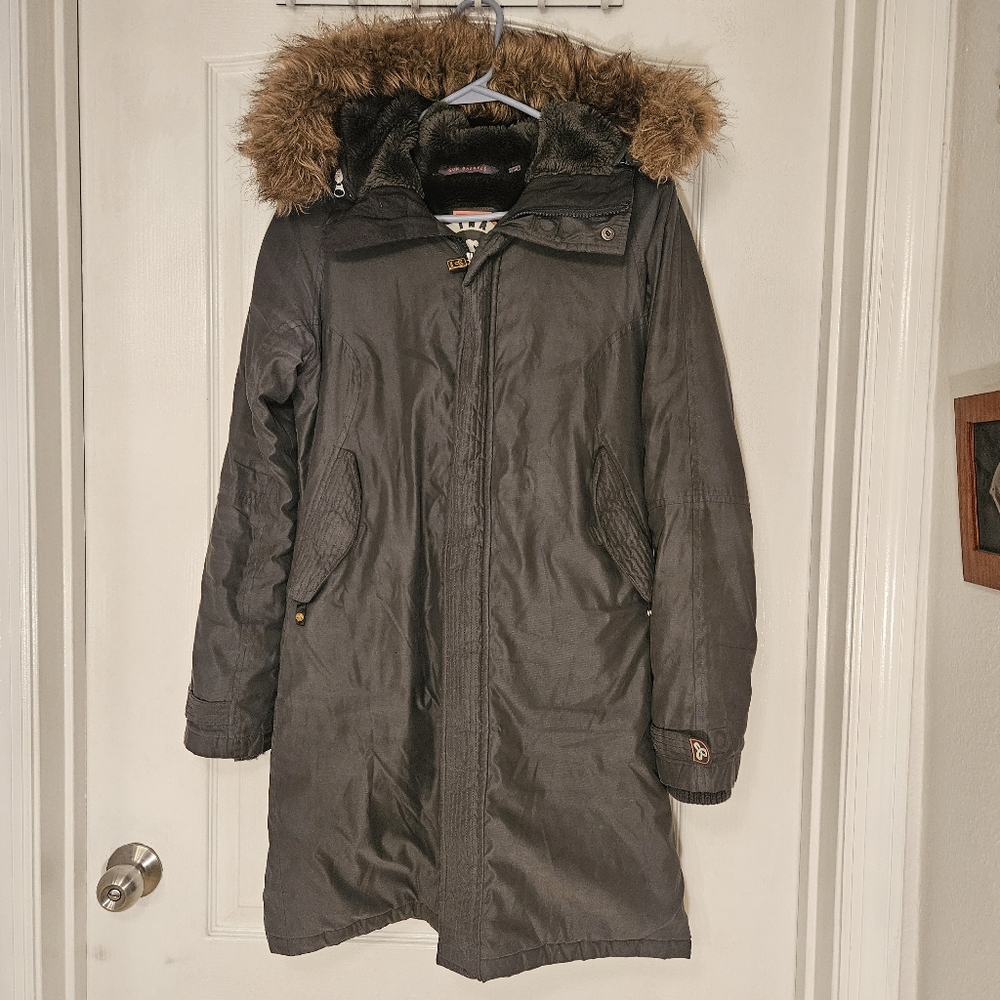 TNA heavy zip up winter coat size Small with faux fur hood (FLAWS)